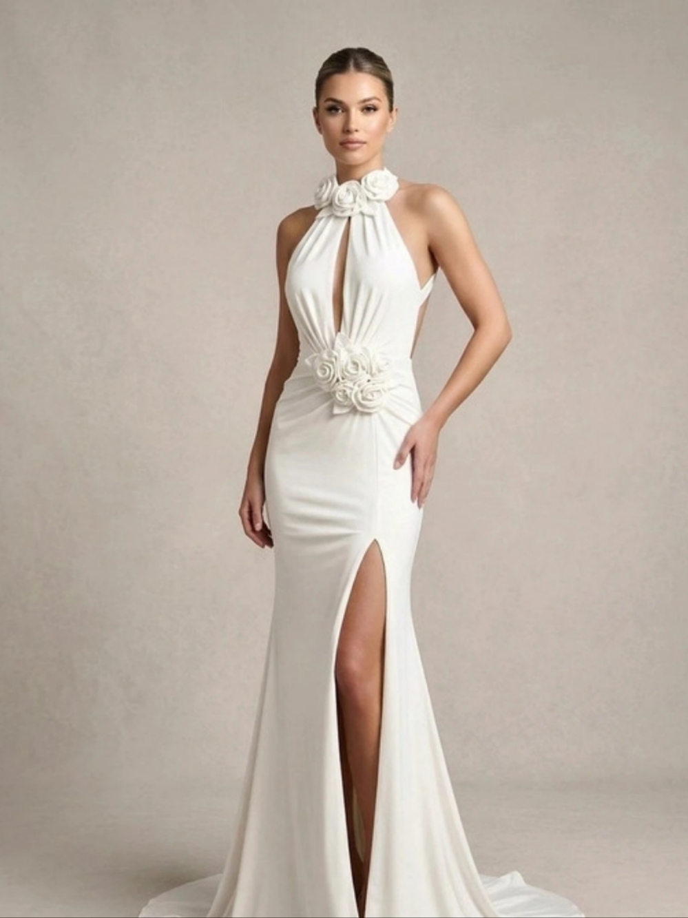 JOVANI 09385 Rosette Halter Cutout Evening Dress Maxi Halter Gown in Ivory Size